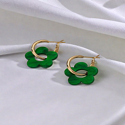 Темно-Зеленый Железные серьги-кольца с акриловыми подвесками, цветок, золотые, темно-зеленый, 20 мм