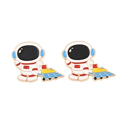 White Space Astronauts Alloy Enamel Cabochons, with Self Adhesive Sticker, Light Gold, White, 26.5x30.5x1.5mm
