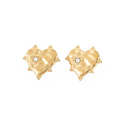 Real 14K Gold Plated Ion Plating(IP) 304 Stainless Steel Stud Earring Findings, with Ear Nuts, Loop and Crystal Rhinestone, Heart, Real 14K Gold Plated, 17x18mm, Hole: 1.8mm, Pin: 0.7mm