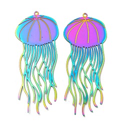 Jellyfish Ионное покрытие (IP) 304 нержавеющая сталь, травленые металлические украшения, большие подвески, Радуга цветов, медуза, 63.5x25.5x0.3 мм, отверстие : 1.5 мм