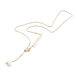 Golden Adjustable Brass Lariat Necklaces, with Natural Pearl Beads, White, Golden, 20.47 inch(52cm)