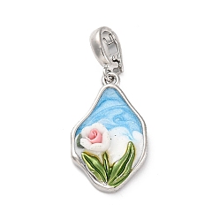 Платина Латунь эмаль подвески, cmолой, без кадмия, без никеля и без свинца, неправильный овал с цветочными подвесками, платина, 33.5 мм, отверстие : 6x4.5 мм