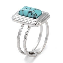 Синтетическая Бирюза 304 кольцо из нержавеющей стали, регулируемые синтетические бирюзовые кольца, прямоугольные, 12x16 мм, внутренний диаметр: регулируемый