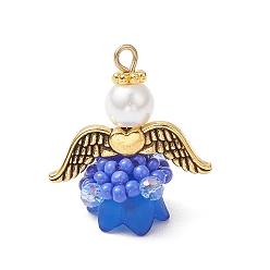 Королевский синий Подвески-ангелы из стеклянных бисеров, с акриловыми бусинами, крыльями из сплава и петлей из нержавеющей стали, королевский синий, 304 мм, отверстие : 22.5x20x14 мм