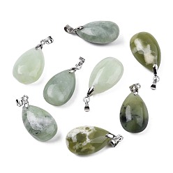 New Jade Natural New Jade Pendants, with Alloy Findings, Drop, Platinum, 23~24x14x8mm, Hole: 4x5mm
