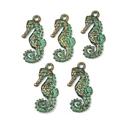Sea Horse Сплавочные подвески тибетского стиля, античная бронза и зеленая патина, морской конек, 25.5x11.5 мм, отверстие : 1.8 мм