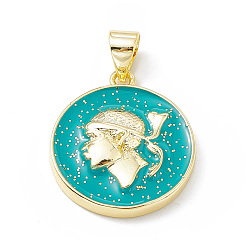 Бирюза Подвески из латуни с эмалью в стойку, с блеском порошок, долговечный, реальный 18 k позолоченный, плоский круглый с человеческим обаянием, бирюзовые, 19x16.5x3.5 мм, отверстие : 4x3 мм