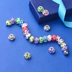 Mixed Color Acrylic European Beads, with Silver Color Plated Brass Double Cores, Large Hole Beads, Rondelle with Dog Paw Prints Pattern, Mixed Color, 14x9~10mm, Hole: 5mm, 8colors, 10pcs/color, 80pcs/box