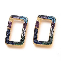 Colorful Brass Micro Pave Cubic Zirconia Spring Gate Rings, Rectangle, Golden, Colorful, 26.5x15x2.5mm, Inner diameter: 19.5x8.5mm