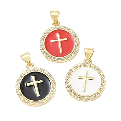 Couleur Mélangete Pendentifs croix religieuse en laiton micro-pavé de zircon cubique transparent, Breloques rondes plates émaillées, sans plomb et sans cadmium, plaqué longue durée, crémaillère plaquage, réel 18 k plaqué or, couleur mixte, 20x18x2mm, Trou: 5x3.5mm