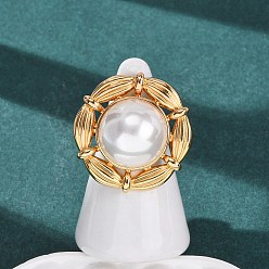 Настоящее золото 18K Регулируемые латунные кольца-манжеты с жемчужными элементами из АБС-пластика, цветок, белые, реальный 18 k позолоченный, 29x30 мм, внутренний диаметр: 19 мм