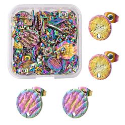 Rainbow Color 40Pcs 2 Style Ion Plating(IP) 304 Stainless Steel Stud Earring Findings, with Earring Backs & Loop, Textured, Flat Round, Rainbow Color, 10~12x1mm, Hole: 1.4mm, Pin: 0.7mm, 20pcs/style