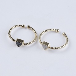 Mixed Color Adjustable Natural Druzy Agate Cuff Finger Rings, with Brass Findings, Triangle, Size 7, Light Gold, Mixed Color, 17mm