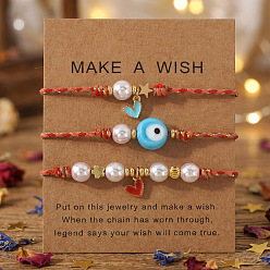 (52) Непрозрачная лаванда 3шт. браслеты ручной работы из латуни с эмалированными подвесками, Браслеты из плетеных бусин и бусин, символизирующих сглаз, для женщин., с пластиковой имитационной жемчужиной, разноцветные, 11.02 дюйм (28 см)