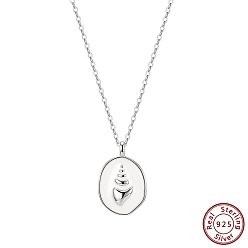 Real Platinum Plated 925 Sterling Silver Enamel Pendants, Whtie Oval with Conch Charms, without Necklace, Rhodium Plated, Real Platinum Plated, 18x12mm