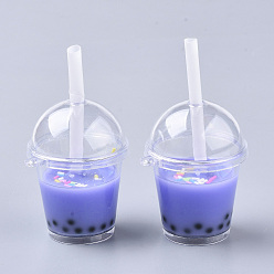 Розовато-лиловый Открывающиеся акриловые бутылки большие подвески, cmолой, полимерная глина внутри и пластиковая солома, чай с шариками тапиоки/молочный чай, розовато-лиловый, 64~74x43x37.5 мм, отверстие : 2.5 мм