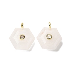 Хрусталь Природного кварца хрустальных подвесок, Подвески из горного хрусталя с шестигранной гранью и фурнитурой из латунного микропаве из прозрачных кубических цирконий, золотые, 21~22x19~20x6.5~7.5 мм, отверстие : 3.5x2.5 мм