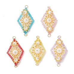(52) Непрозрачная лаванда Подвески-соединители в виде цветочных ромбов из искусственного жемчуга и стеклянных бусин, золотые, разноцветные, 36x20x9 мм, Перейти кольцо: 4x0.6 мм, 2.1 мм внутренним диаметром