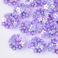 Pourpre Moyen Cabochons paillette pvc, perles de cluster, avec des perles de rocaille en verre et des réglages de disques perforés en laiton plaqué or, fleur, support violet, 20~23x10~11mm