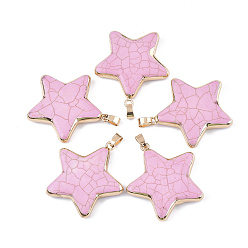 Бледно-Розовый Гальванические синтетические бирюзовые подвески, с латунной фурнитурой , окрашенные, яйцеклеток, золотые, розовый жемчуг, 42.5~44.5x40.5~41x7~7.5 мм, отверстие : 6x4 мм