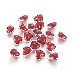 Красный Соединители стеклянные ссылки, с элементами из экологически чистого сплава, сердце, серебряный цвет гальваническим, красные, 14x18.5x7 мм, отверстие : 1.2 мм