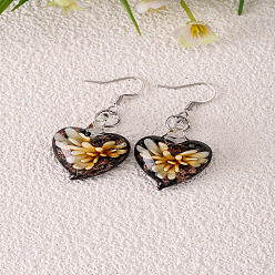 Sandy Brown Handmade Lampwork Dangle Earrings, Heart, Alloy Dangle Earrings for Women, Platinum, Sandy Brown, 20mm