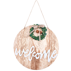 BurlyWood Wooden Pendant Decorations, Mediterranean Style, Flat Round with Welcome, BurlyWood, 46cm