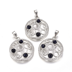 Blue Goldstone Synthetic Blue Goldstone Pendants, with Platinum Tone Brass Findings and Crystal Rhinestone, Flat Round, 29x25.5x4.5mm, Hole: 4.5x8mm