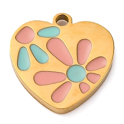 Pink 304 из нержавеющей стали шармы эмали, сердце с цветочным шармом, золотые, ионное покрытие (ip), розовые, 11x10.5x1.5 мм, отверстие : 1.2 мм