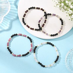 Mixed Stone 4Pcs 4 Styles Natural Mixed Stone Faceted Cube and Round Natural Lava Rock Beaded Stretch Bracelets for Women, Golden, Inner Diameter: 2.17 inch(5.5cm), 1pc/style