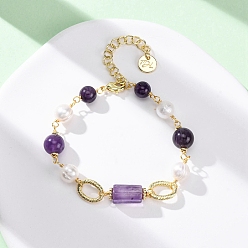 Настоящее золото 14K Браслеты из натуральных аметистов и жемчужин с круглыми бусинами для женщин, с латунным, реальный 14 k позолоченный, 6 дюйм (15.3 см)