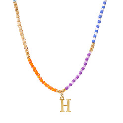 Letter H Ожерелья из стеклянного бисера с радужным градиентом, латунные кулоны, золотые, Письмо ч, 16.54 дюйм (42 см)