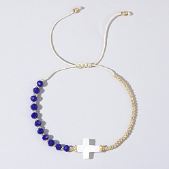 Синий Регулируемые браслеты из плетеных бусин из стекла и латуни, Украшения из натуральных ракушек для женщин, крестик, золотые, синие, 11.02 дюйм (28 см)