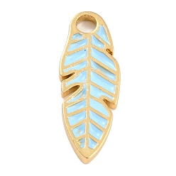 Light Cyan Golden Plated Brass Enamel Pendants, Long-Lasting Plated, Feather, Light Cyan, 23.5x8.8x1.8mm, Hole: 2.7mm