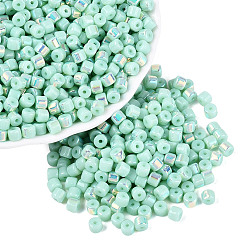 Pale Turquoise FGB Opaque Colours Glass Seed Beads, Rainbow Plated, Round Hole, Barrel, Pale Turquoise, 4x3.5mm, Hole: 0.9~1mm, about 3750pcs/pound
