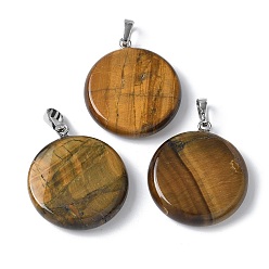 Тигровый глаз Природных тигровый глаз подвески, подвески-диски с латунной фурнитурой платинового тона, 29x25x6 мм, отверстие : 7x4 мм