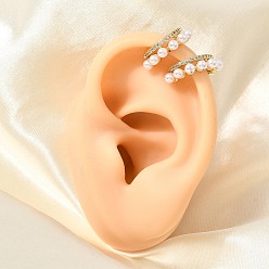 Clear Brass Micro Pave Cubic Zirconia Cuff Earrings, with ABS Plastic Pearl for Women, Rack Plating, Long-Lasting Plated, Cadmium Free & Lead Free, Real 18K Gold Plated, Clear, 15x5x17mm