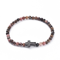 Rhodonite Stretch Bracelets, with Natural Rhodonite Round Beads and Brass Micro Pave Cubic Zirconia Beads, Elastic Crystal Thread, Cross, 2-3/8 inch(6.14cm)