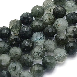 Rutilated Кварц Естественный зеленый Rutilated кварцевые нити бисера, круглые, граненые, 8 мм, отверстие : 0.8 мм, около 52 шт / нитка, 15.1 дюйм (38.5 см)