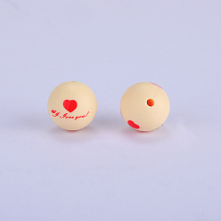 Wheat Printed Round with Heart Pattern Silicone Focal Beads, Wheat, 15x15mm, Hole: 2mm