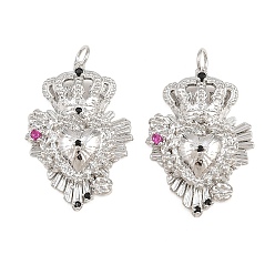 Platinum Brass Micro Pave Orchid Cubic Zirconia Pendants, Sacred Heart with Crown Charms, Rack Plating, Long-Lasting Plated, Lead Free & Cadmium Free, Platinum, 27x19.5x5.5mm, Hole: 3mm
