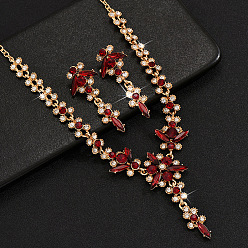 Сиамский Ожерелья с подвесками и серьги-гвоздики из латуни с цветочным узором и стразами, золотые, Сиам, 420 мм