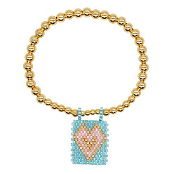 Бирюза Богемные стеклянные браслеты с подвесками из бисера, латунные круглые бусины эластичные браслеты для женщин, Прямоугольник с сердцем, золотые, бирюзовые, регулируемый