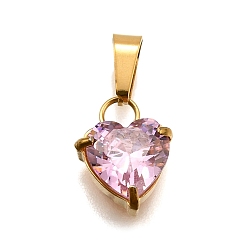 Pink 304 микро нержавеющей стали прокладывать Цирконом подвески, сердце прелести, вакуумные покрытия, розовые, 13x9.5x5 мм, отверстие : 3x5.5 мм