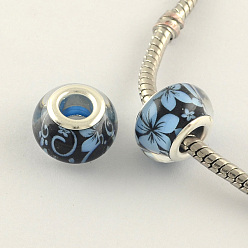 Light Sky Blue Large Hole Flower Pattern Resin European Beads, with Silver Color Plated Brass Double Cores, Rondelle, Light Sky Blue, 14x9mm, Hole: 5mm