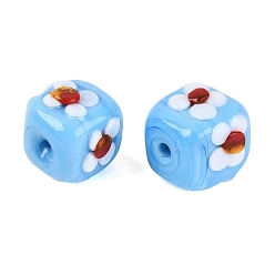 Light Sky Blue Handmade Bumpy Lampwork Beads, Cube & Flower, Light Sky Blue, 10.5~12x10.5~12x9.5~10.5mm, Hole: 1.4~1.6mm