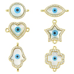 Mixed Shapes 6 шт. 6 стили латунные микро-паве прозрачные кубические цирконии и натуральные ракушки звенья-соединители подвески от сглаза, золотые, разнообразные, 10.5~22.5x13~22.5x3~3.5 мм, отверстие : 1~1.5 мм, 1 шт / стиль