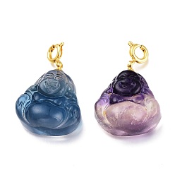 Golden Carved Natural Fluorite Pendants, with Brass Spring Ring Clasps, Buddha, Golden, 33.5mm, Pendant: 24.5x20x8.5mm