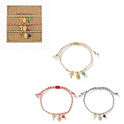 Mixed Color 3Pcs 3 Colors Bohemian Brass Religon Cross Virgin Charm Bracelet Sets, Braided Cotton Cord Adjustable Stackable Bracelets, Golden, with Paper Display Card, Mixed Color, 11.02 inch(28cm), 1pc/color