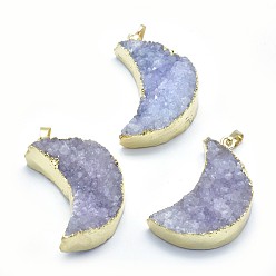 Lilac Natural Quartz Pendants, with Golden Tone Brass Findings, Moon, Dyed, Lilac, 38~45x22~25x10~13mm, Hole: 5x8mm